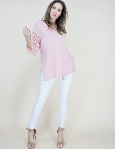 CLOTHING - WOMEN'S LACE DUSTY ROSE 3/4 BELL SLEEVE TUNIC SHIRT BLOUSE