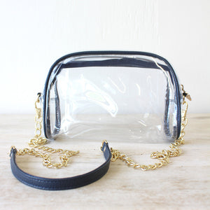 GAME DAY - CLEAR DESIGNER MEDIUM CROSSBODY HANDBAG WITH BLUE TRIM