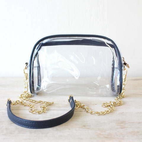GAME DAY - CLEAR DESIGNER MEDIUM CROSSBODY HANDBAG WITH BLUE TRIM