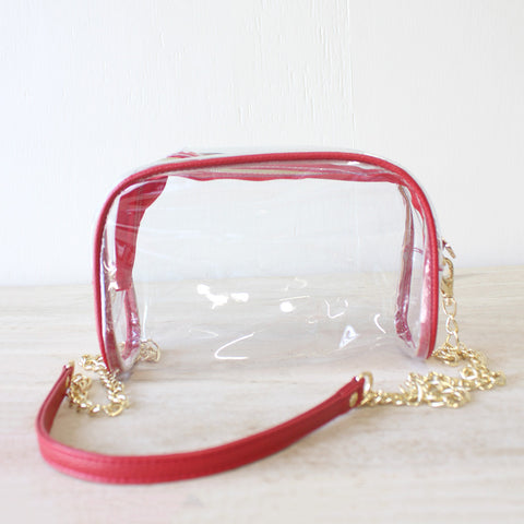 GAME DAY - CLEAR DESIGNER MEDIUM CROSSBODY HANDBAG WITH RED TRIM
