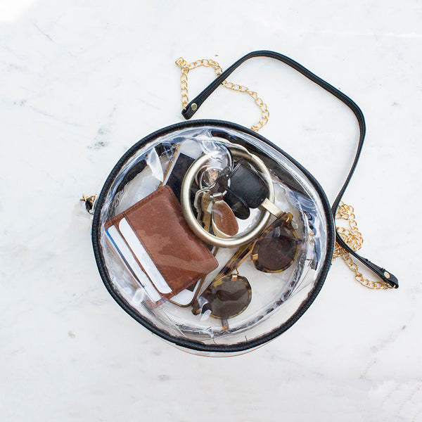 GAME DAY - ROUND CLEAR DESIGNER CROSSBODY HANDBAG WITH BLACK TRIM