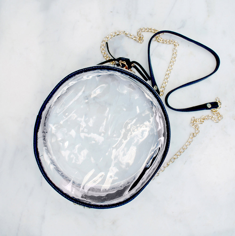 GAME DAY - ROUND CLEAR DESIGNER CROSSBODY HANDBAG WITH BLACK TRIM