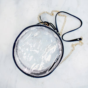 GAME DAY - ROUND CLEAR DESIGNER CROSSBODY HANDBAG WITH BLACK TRIM