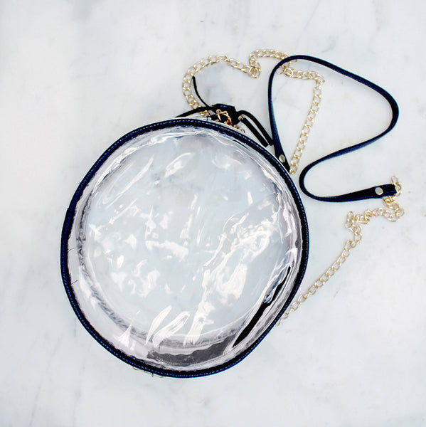 GAME DAY - ROUND CLEAR DESIGNER CROSSBODY HANDBAG WITH BLACK TRIM