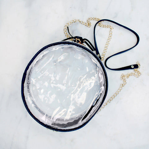 GAME DAY - ROUND CLEAR DESIGNER CROSSBODY HANDBAG WITH BLACK TRIM