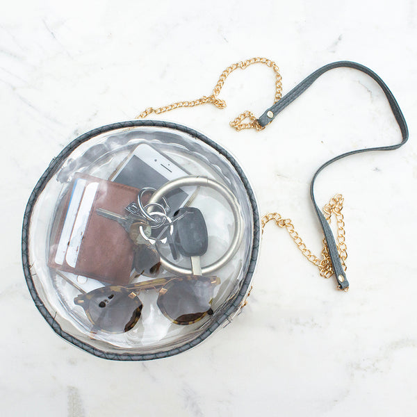 GAME DAY - ROUND CLEAR DESIGNER CROSSBODY HANDBAG WITH DARK GRAY TRIM