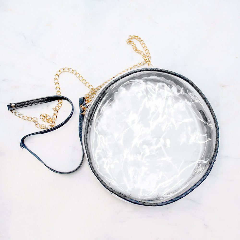 GAME DAY - ROUND CLEAR DESIGNER CROSSBODY HANDBAG WITH DARK GRAY TRIM