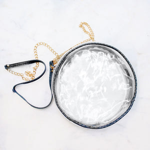 GAME DAY - ROUND CLEAR DESIGNER CROSSBODY HANDBAG WITH DARK GRAY TRIM