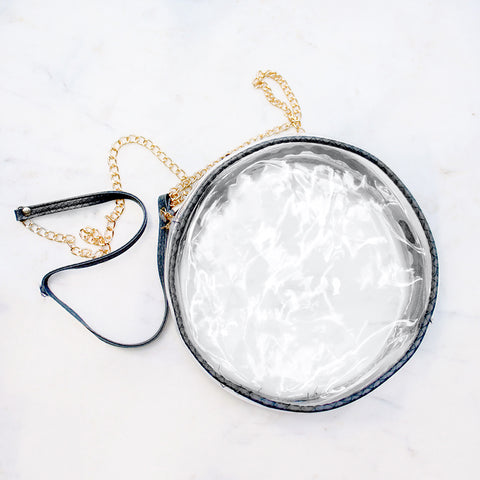 GAME DAY - ROUND CLEAR DESIGNER CROSSBODY HANDBAG WITH DARK GRAY TRIM