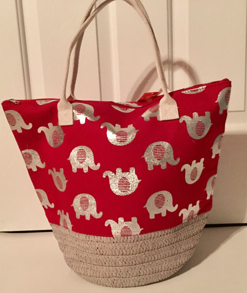 HANDBAG - RED FRENCH BASKET TOTE BAG WITH SILVER ELEPHANTS