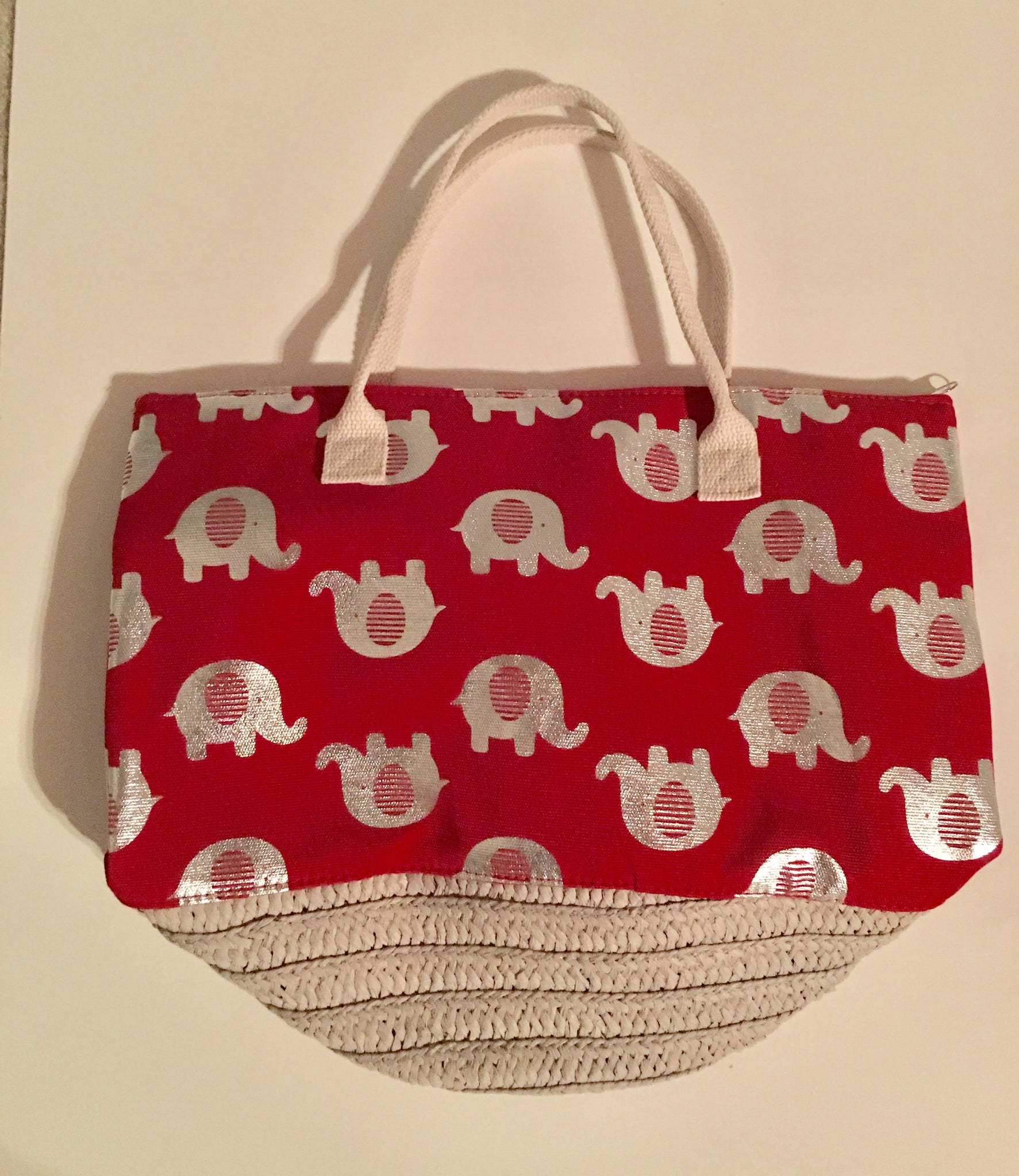 HANDBAG - RED FRENCH BASKET TOTE BAG WITH SILVER ELEPHANTS