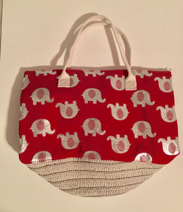 HANDBAG - RED FRENCH BASKET TOTE BAG WITH SILVER ELEPHANTS