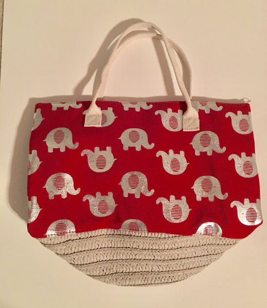HANDBAG - RED FRENCH BASKET TOTE BAG WITH SILVER ELEPHANTS