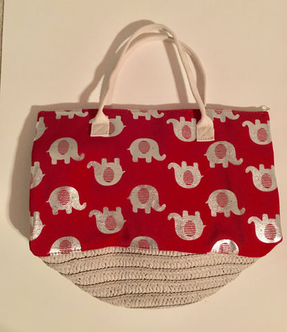 HANDBAG - RED FRENCH BASKET TOTE BAG WITH SILVER ELEPHANTS