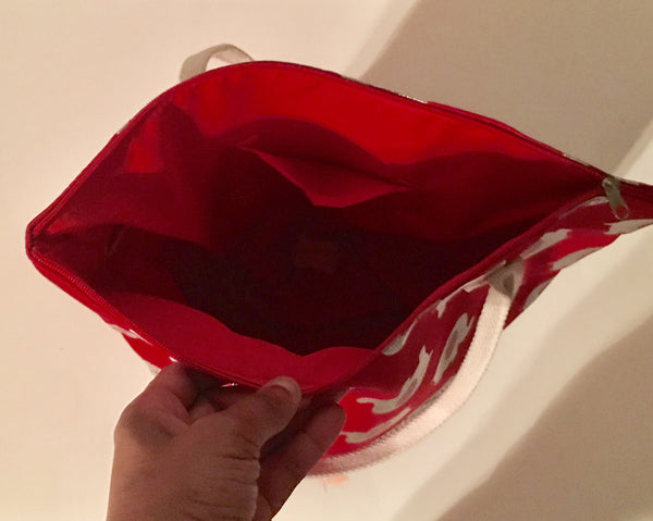 HANDBAG - RED FRENCH BASKET TOTE BAG WITH SILVER ELEPHANTS