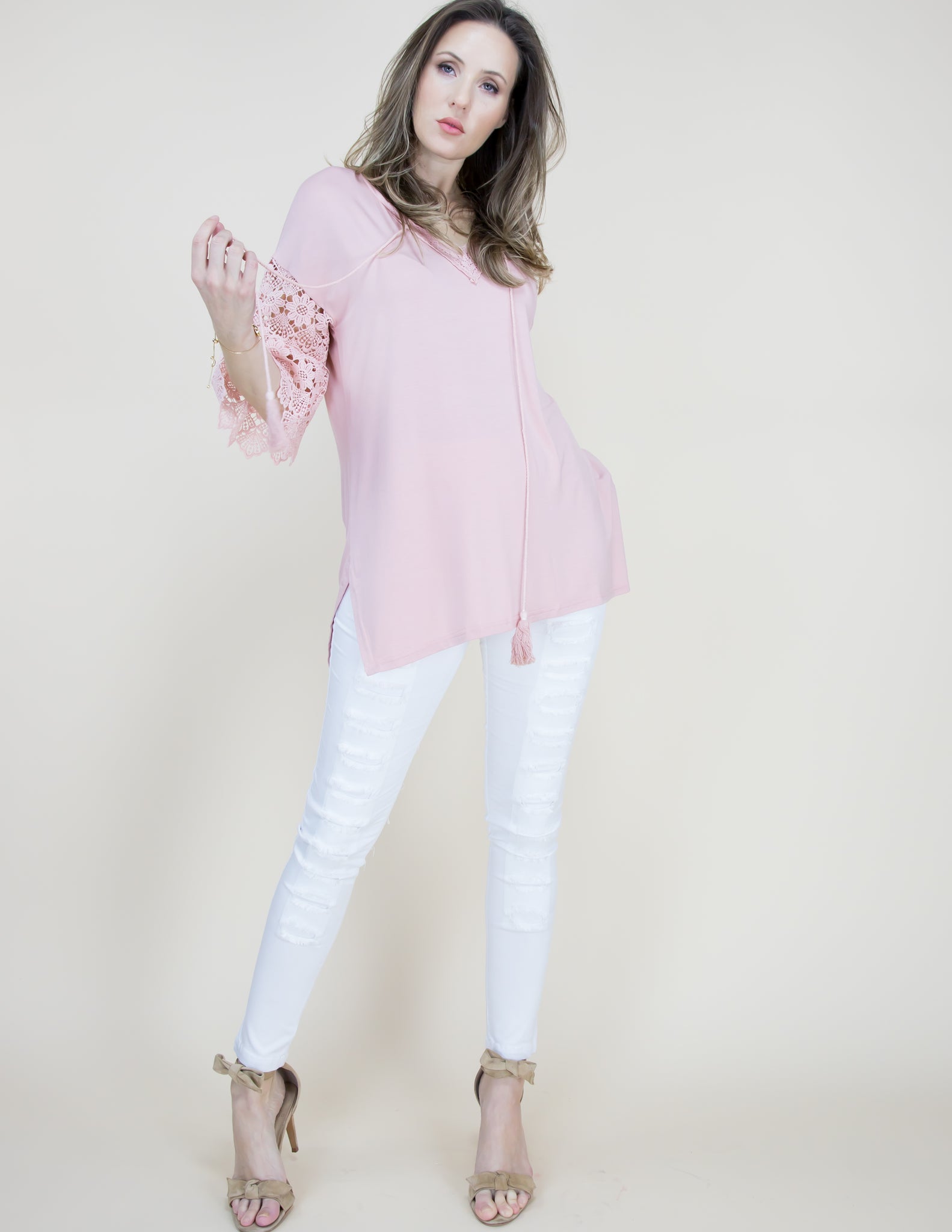CLOTHING - WOMEN'S LACE DUSTY ROSE 3/4 BELL SLEEVE TUNIC SHIRT