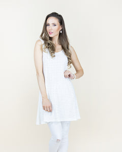 CLOTHING - WOMEN'S RIBBED WHITE SLEEVELESS FLOWY RHINESTONE TUNIC TOP