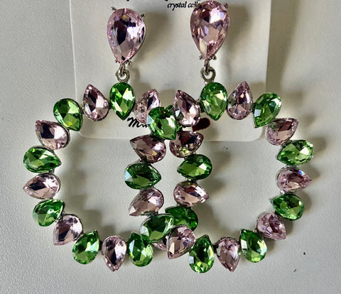 EARRINGS (WOMEN'S) - PINK AND GREEN CRYSTAL RHINESTONE EARRINGS