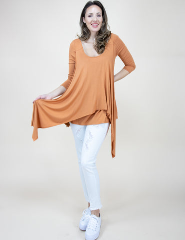 CLOTHING - WOMEN'S LAYERED FLAPS ORANGE HIGH LOW TUNIC SHIRT BLOUSE