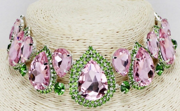 JEWELRY -  WOMEN'S PINK AND GREEN TEARDROP CRYSTAL RHINESTONE CHOKER NECKLACE AND EARRINGS SET