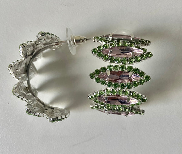 EARRINGS (WOMEN'S) - PINK AND GREEN CRYSTAL RHINESTONE HOOP EARRINGS