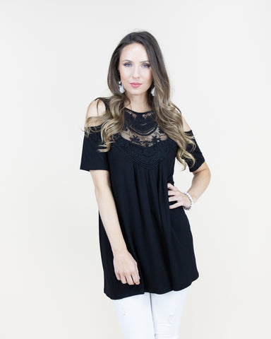 CLOTHING - WOMEN'S COLD SHOULDER FRONT LACE BLACK TUNIC SHIRT BLOUSE