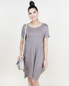 CLOTHING - WOMEN'S SHORT SLEEVE KHAKI DRESS WITH SCOOP NECK
