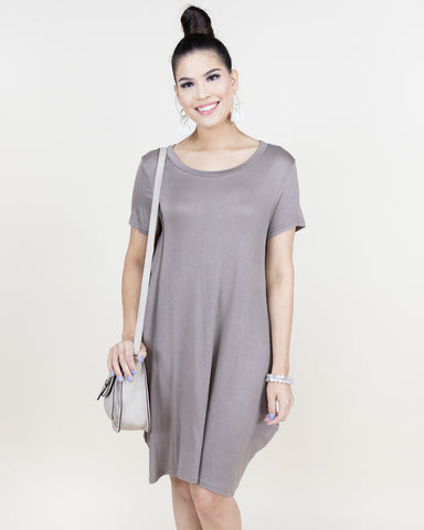 CLOTHING - WOMEN'S SHORT SLEEVE KHAKI DRESS WITH SCOOP NECK