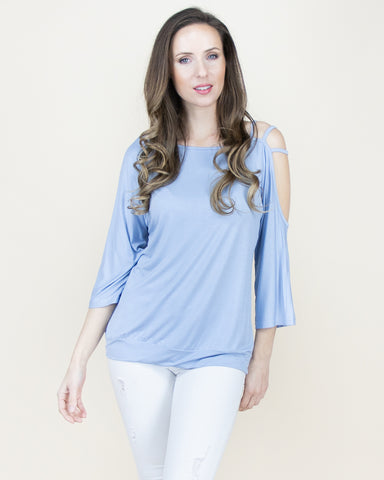 CLOTHING - WOMEN'S ONE SIDED LIGHT BLUE THREE STRAP OFF SHOULDER SHIRT BLOUSE