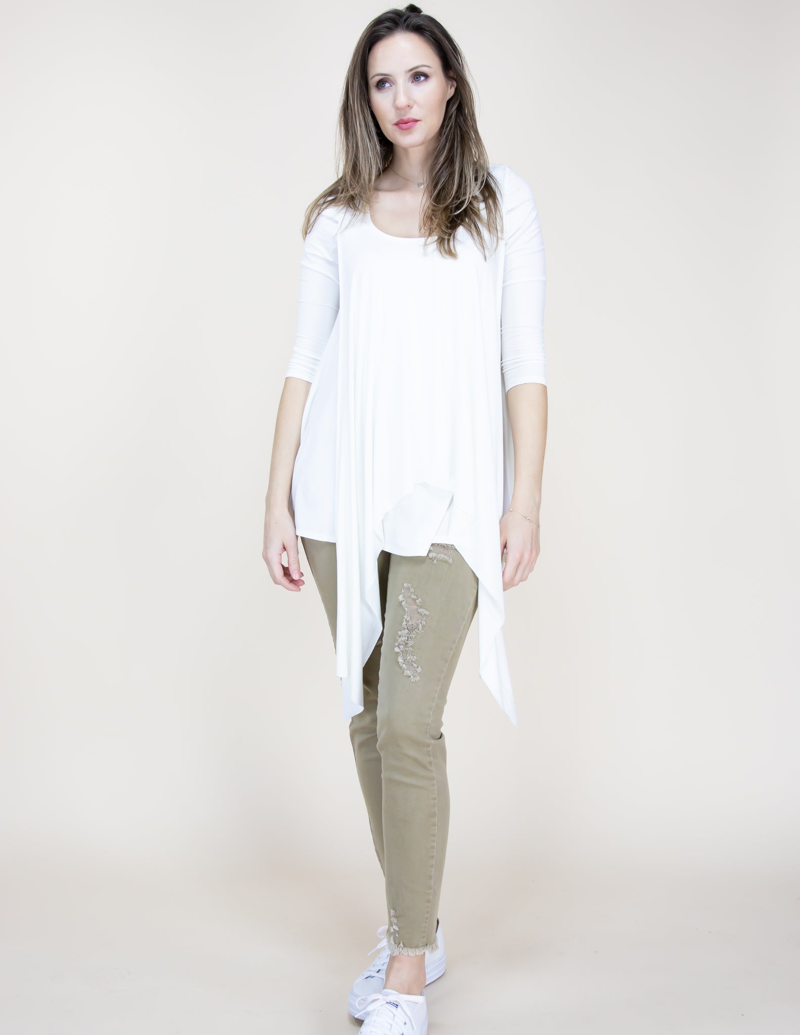 CLOTHING - WOMEN'S LAYERED FLAPS WHITE HIGH LOW TUNIC SHIRT BLOUSE