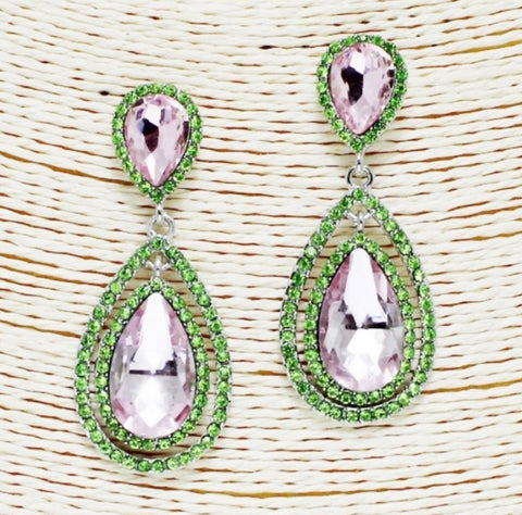 EARRINGS (WOMEN'S) - PINK AND GREEN TEARDROP CRYSTAL RHINESTONE EARRINGS