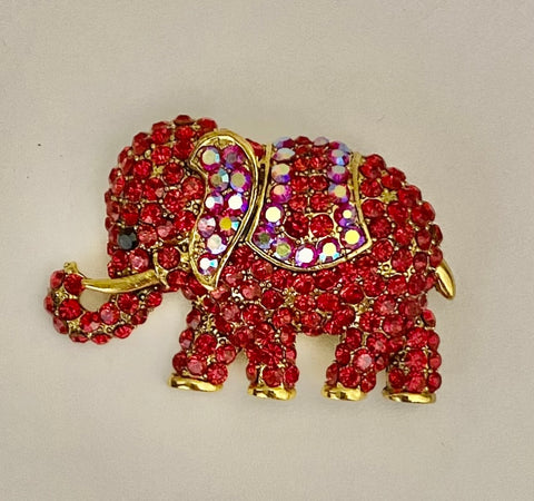 JEWELRY - WOMEN'S RED CRYSTAL BLING ELEPHANT BROOCH PIN WITH GOLD ACCENTS