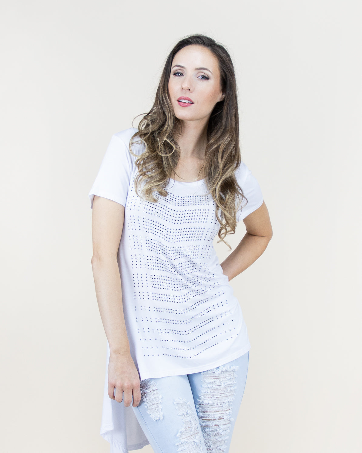 CLOTHING - WOMEN'S HIGH LOW WHITE RHINESTONE T-SHIRT