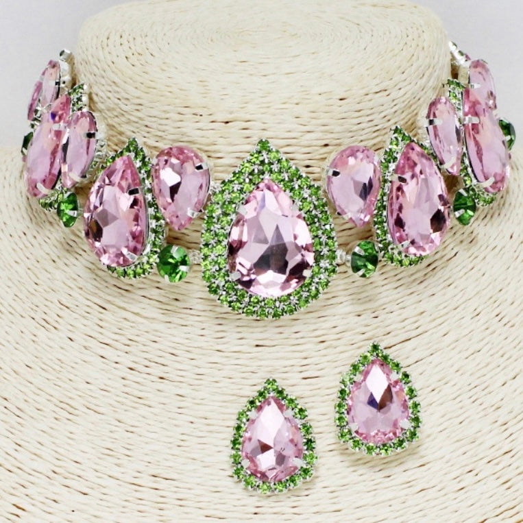 JEWELRY -  WOMEN'S PINK AND GREEN TEARDROP CRYSTAL RHINESTONE CHOKER NECKLACE AND EARRINGS SET