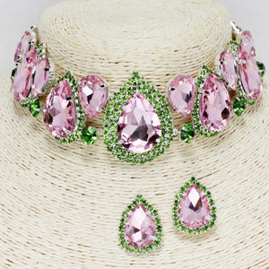 JEWELRY -  WOMEN'S PINK AND GREEN TEARDROP CRYSTAL RHINESTONE CHOKER NECKLACE AND EARRINGS SET