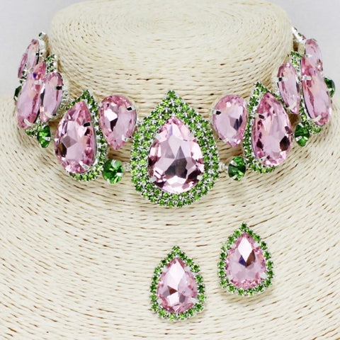 JEWELRY -  WOMEN'S PINK AND GREEN TEARDROP CRYSTAL RHINESTONE CHOKER NECKLACE AND EARRINGS SET