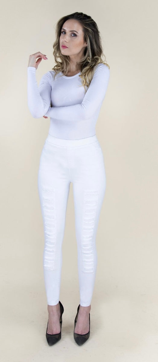 CLOTHING - WOMEN'S DISTRESSED WHITE FASHION JEGGINGS PANTS