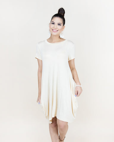 CLOTHING - WOMEN'S SHORT SLEEVE BEIGE DRESS WITH SCOOP NECK