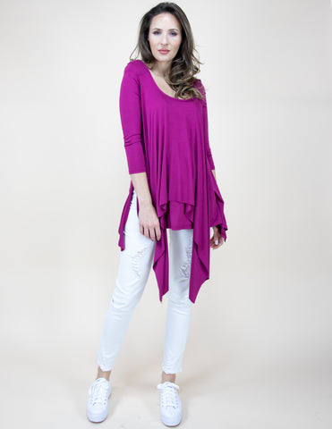 CLOTHING - WOMEN'S LAYERED FLAPS MAGENTA HIGH LOW TUNIC SHIRT BLOUSE