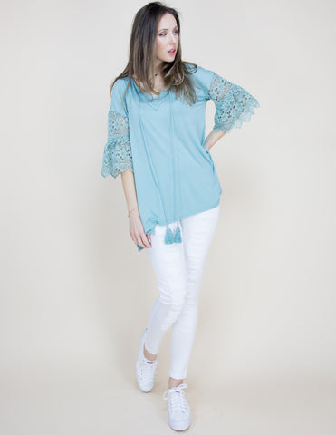 CLOTHING - WOMEN'S LACE MINT 3/4 BELL SLEEVE TUNIC SHIRT BLOUSE