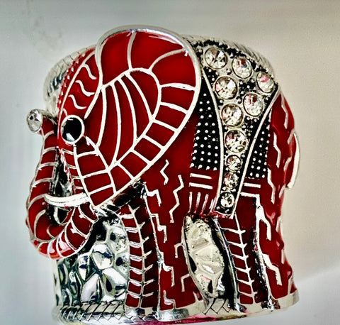 JEWELRY - WOMEN'S HAMMERED SILVER RED EPOXY ELEPHANT CRYSTALS BRACELET #2
