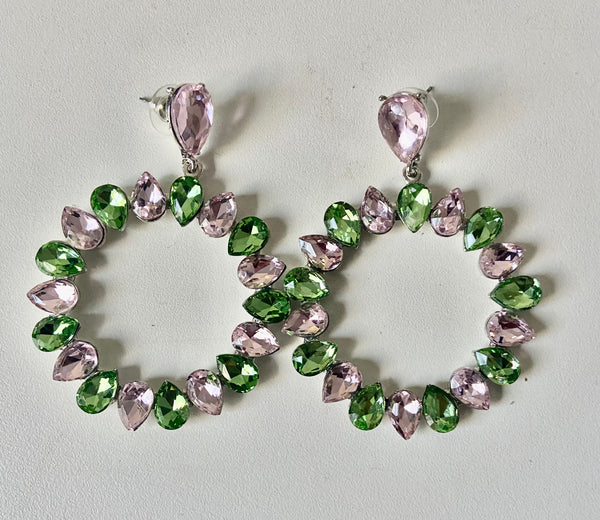 EARRINGS (WOMEN'S) - PINK AND GREEN CRYSTAL RHINESTONE EARRINGS
