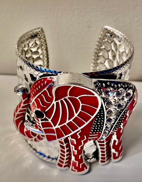 JEWELRY - WOMEN'S HAMMERED SILVER RED EPOXY ELEPHANT CRYSTALS BRACELET #2