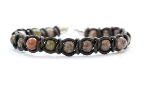 JEWELRY - MEN'S RAINBOW AGATE WITH BROWN LEATHER BRACELET